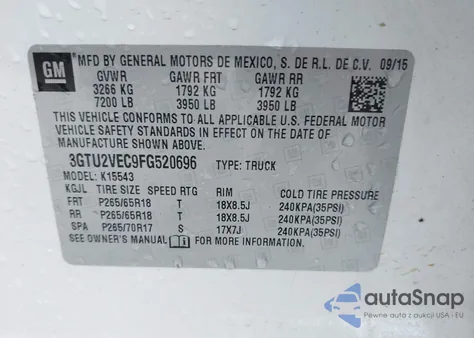 2015 GMC Sierra 1500 Slt from USA, damaged, VIN 3GTU2VEC9FG520696